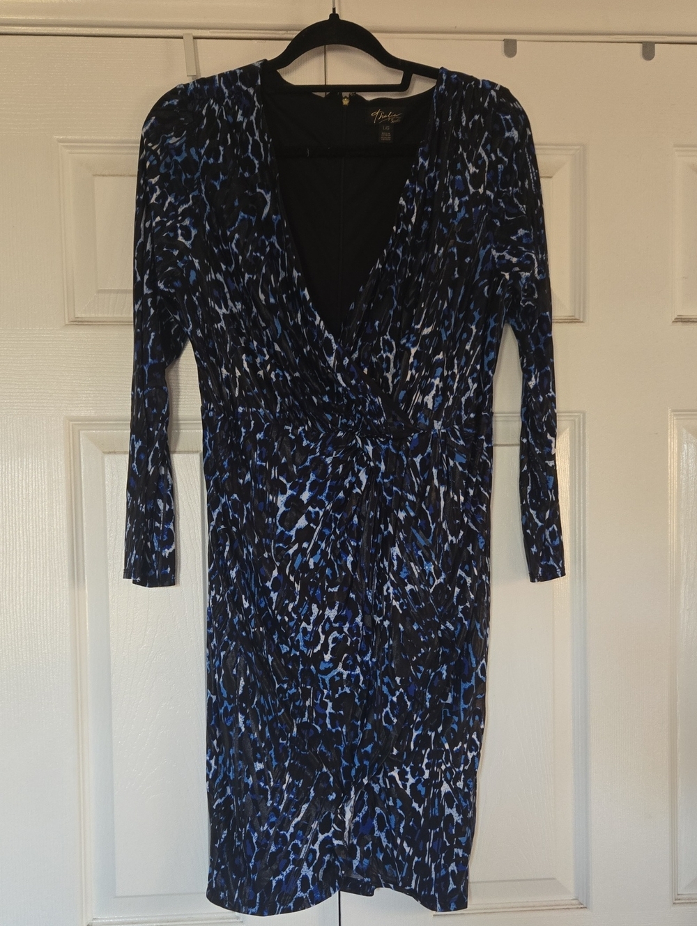 Thalia Blue and Black Printed Long Sleeve Wrap Dress